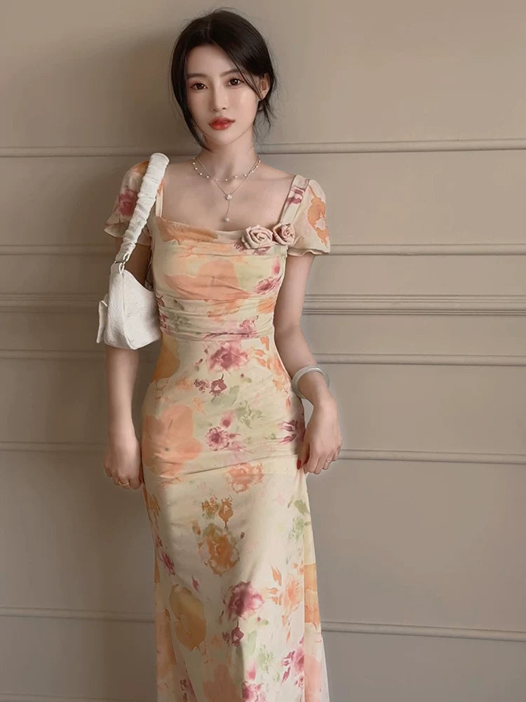 French Vintage Square Neck Floral Midi Dress – Slim Fit Fishtail Elegant Dress for Women - Seldom Seen Styles