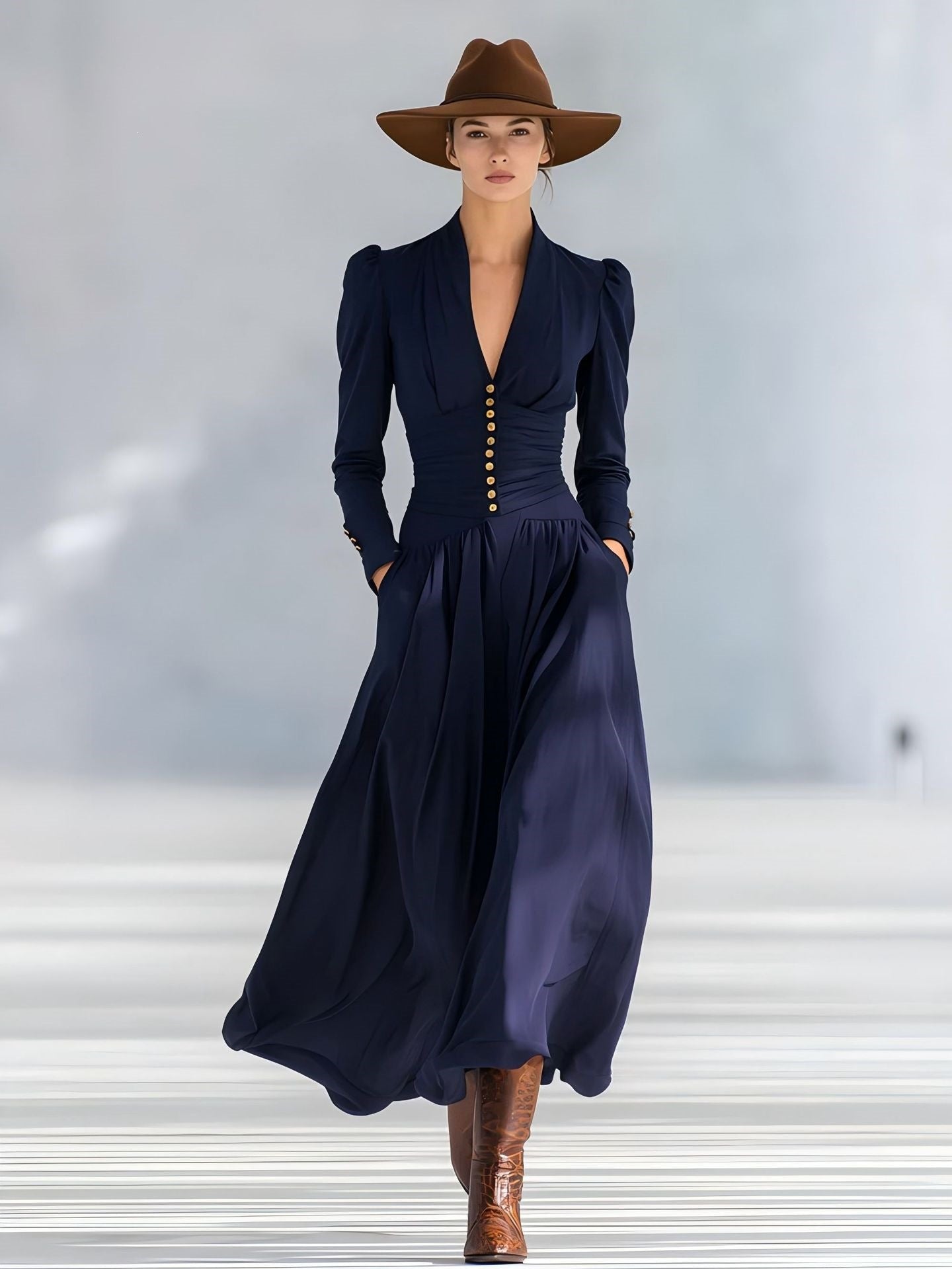 Women's V-Neck Bubble Sleeve Long Sleeve Big Swing Maxi Dress Elegant Waist Fall Winter Casual Dress Plus Size - Seldom Seen Styles