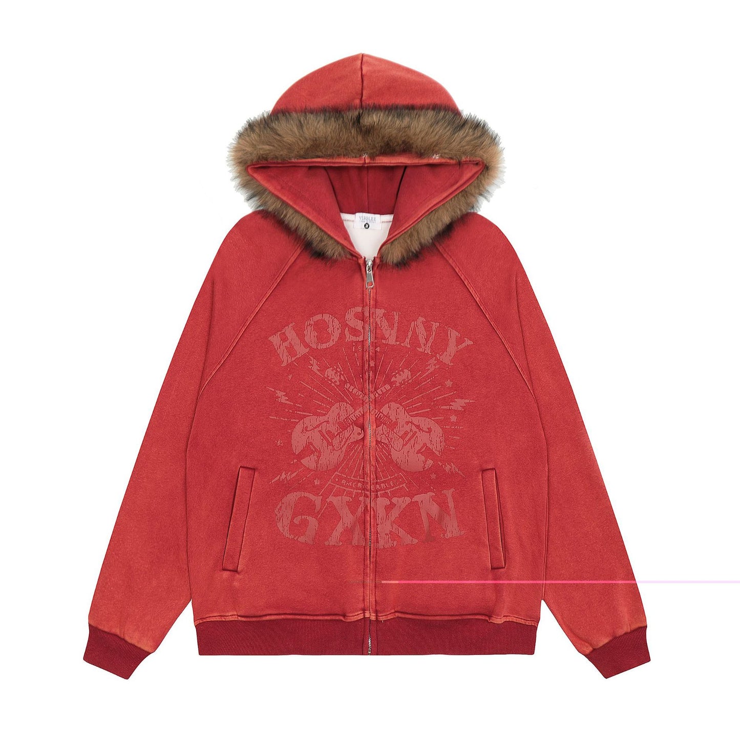 Guitar Print Fur Collar Hooded Cardigan Unisex Loose Fit American Streetwear Couple Casual Jacket | Guitar Hood