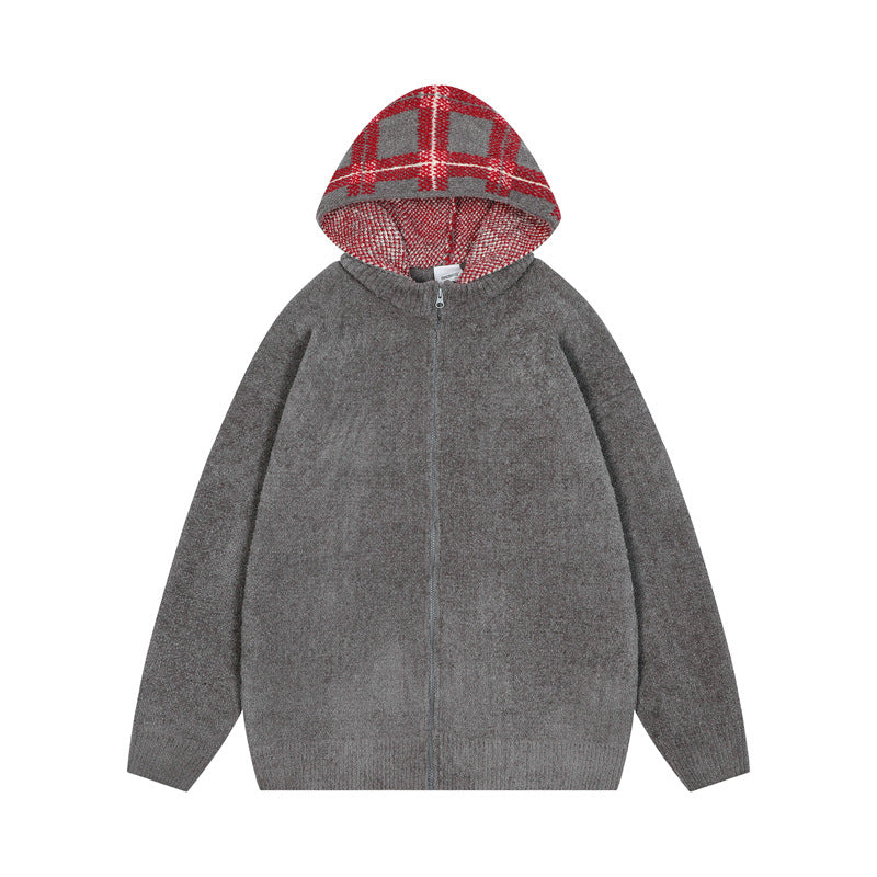 Korean Hooded Zip Knit Sweater Thickened Retro Couple Casual Street Trendy | Hood Zip Knit
