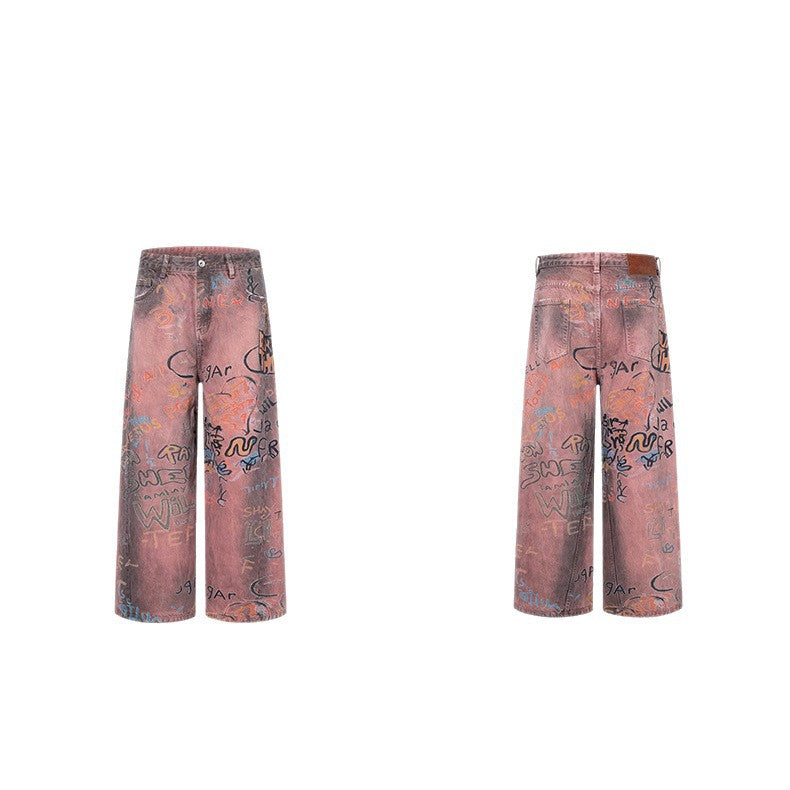 Letter Graffiti Design Loose Straight Denim Trousers Retro American Niche Streetwear Casual Spring Summer Jeans | Letter Drift