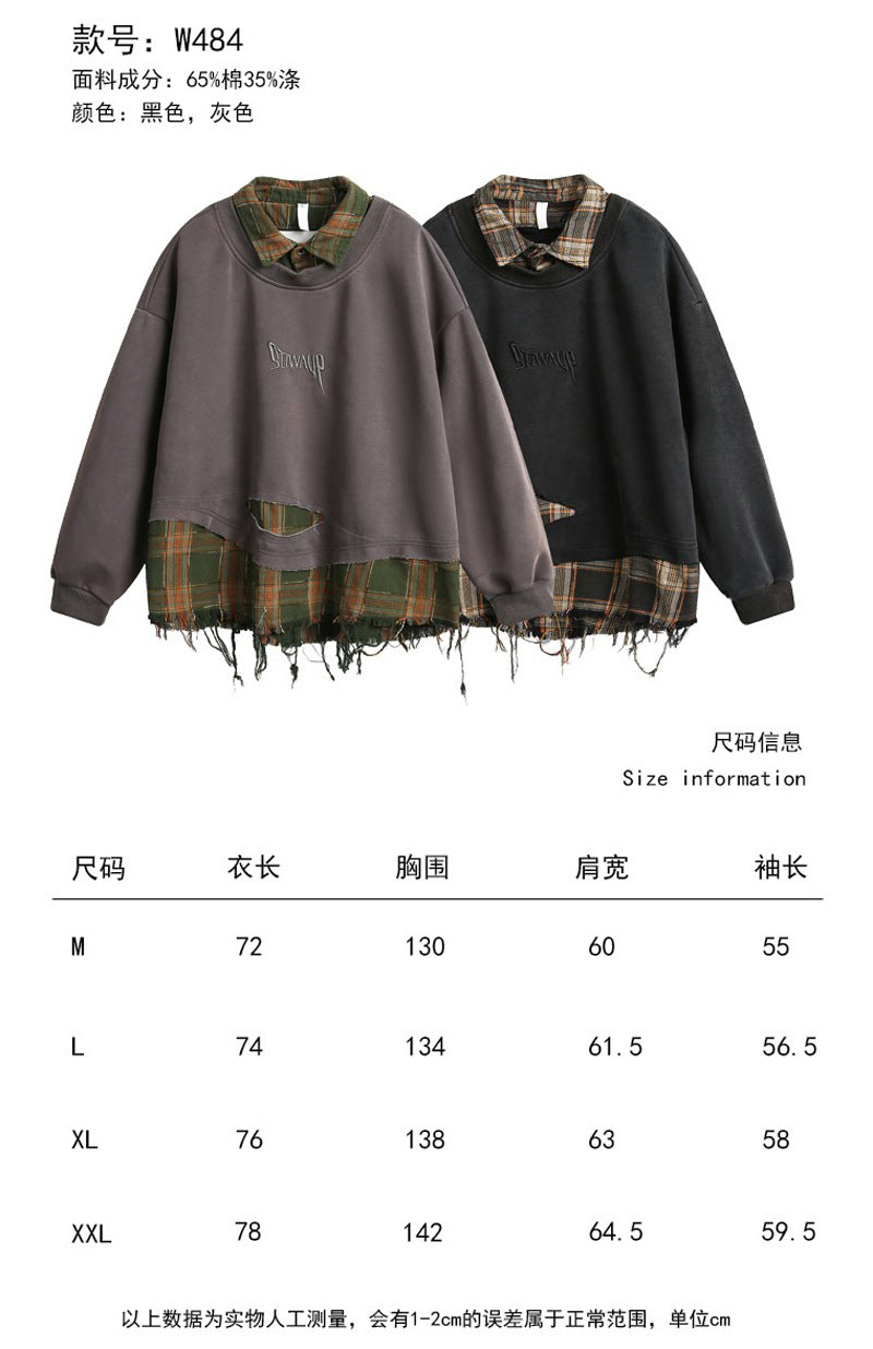 American Retro Plaid Splicing Destroyed Raw Hem Lapel Sweatshirt Loose Couple Casual Trendy | Plaid Destroy Sweat