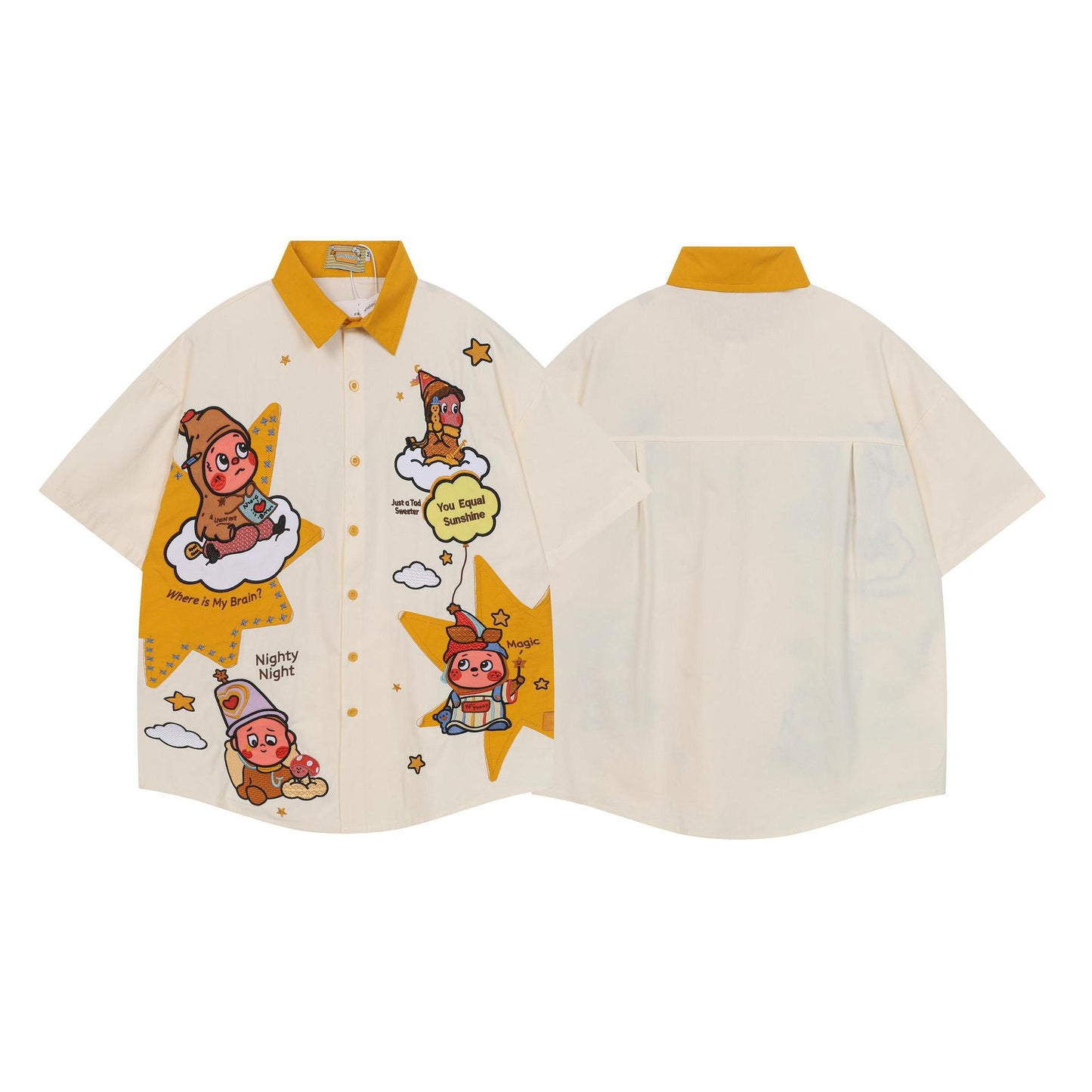Short Sleeve Contrast Collar Cartoon Star Baby Print Shirt Loose Oversized Japanese Cute Retro Casual Couple Top | Star Baby
