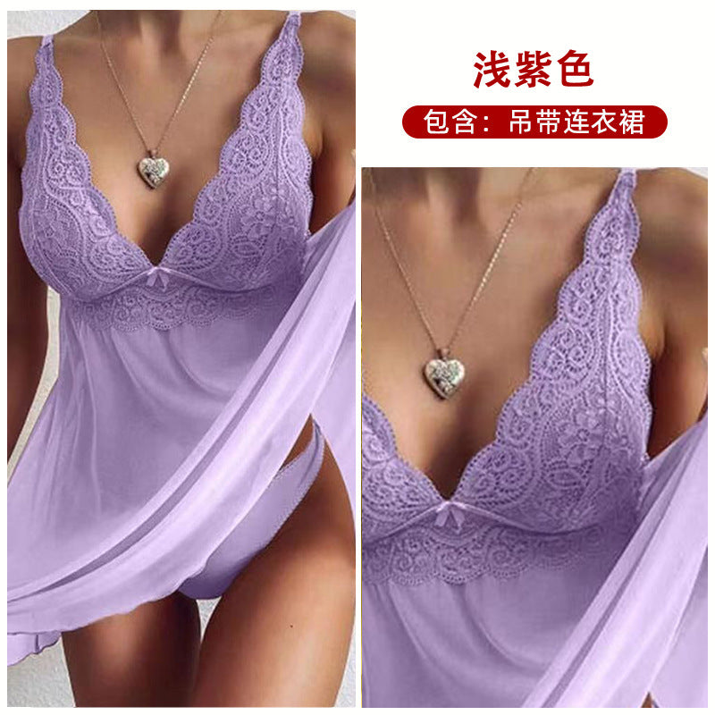 Women's Sheer Mesh Babydoll Lingerie Set Floral Lace V Neck Chemise Nightgown Sexy Sleepwear with Matching Panties - Seldom Seen Styles