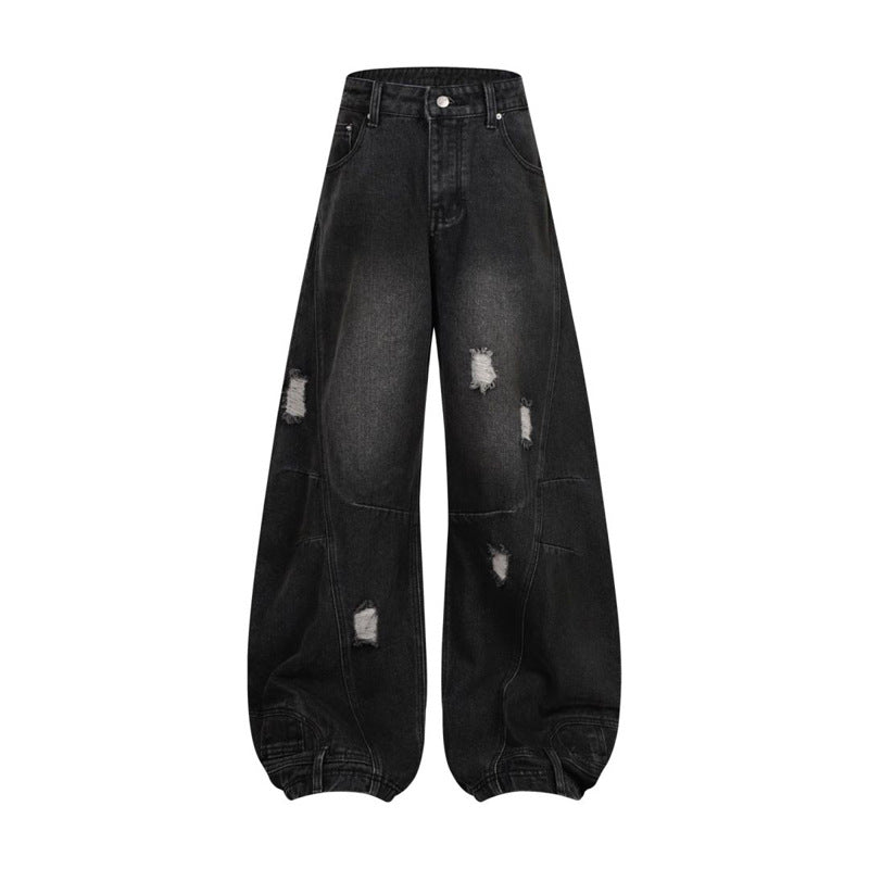 Men's Washed Ripped Hole Deconstruction Splicing Straight Jeans Loose Wide Leg Denim Pants Retro American Streetwear Casual Summer | Rip Splice