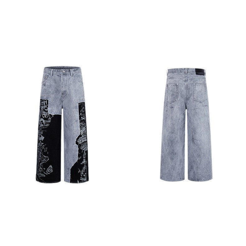 Graffiti Splicing Design Loose Straight Denim Trousers Retro American Niche Streetwear Casual Spring Summer Jeans | Graffiti Drift