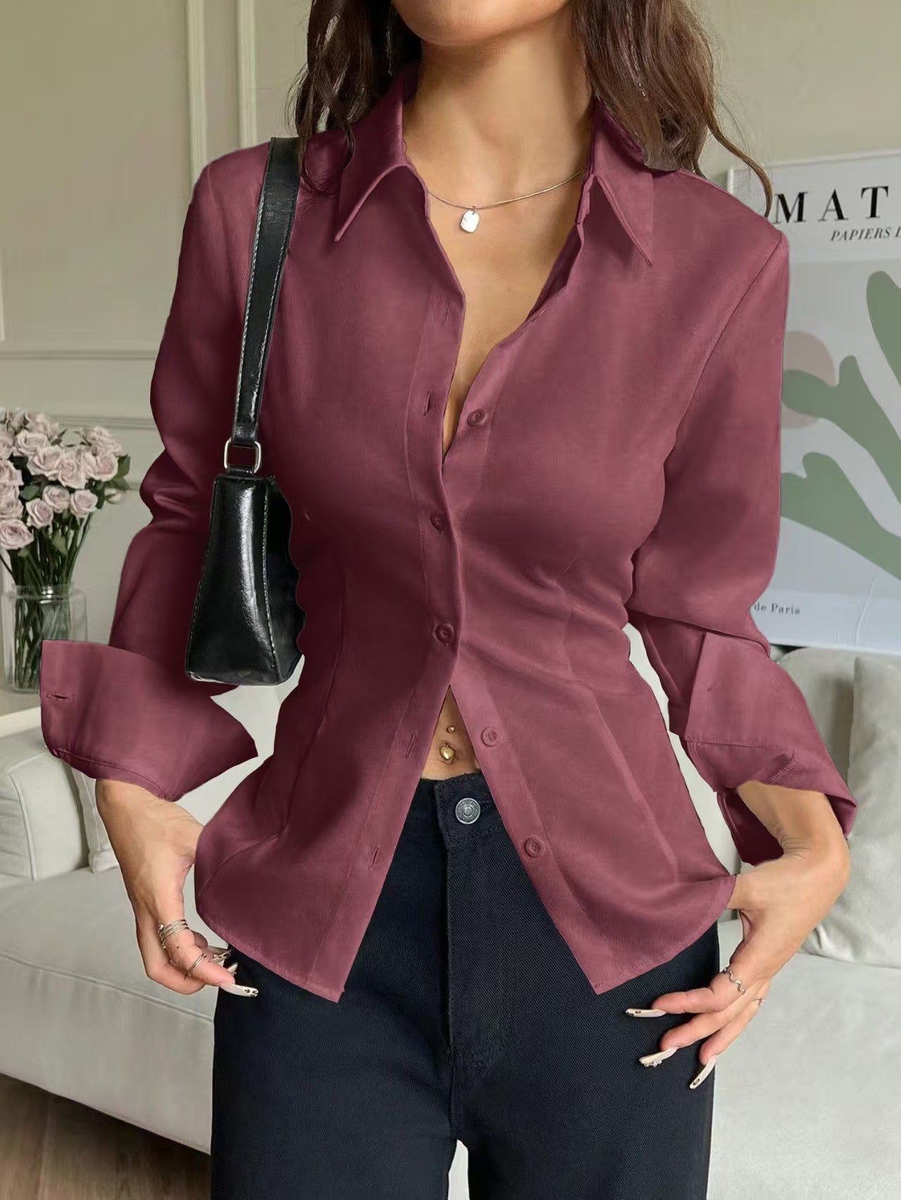 New high-end slim-fitting waist shirt irregular shirt Spice Girl versatile niche design chic top - Seldom Seen Styles
