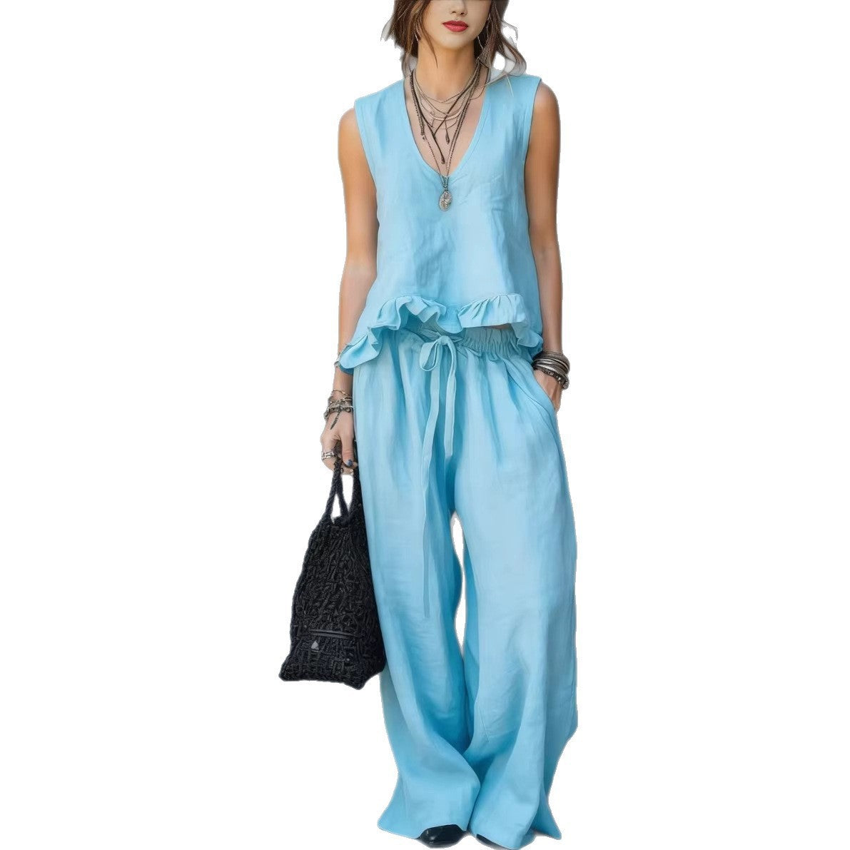 Women's V-Neck Sleeveless Ruffle Hem Casual Cover Up Top Loose Flowy Summer Vacation Outfit - Seldom Seen Styles