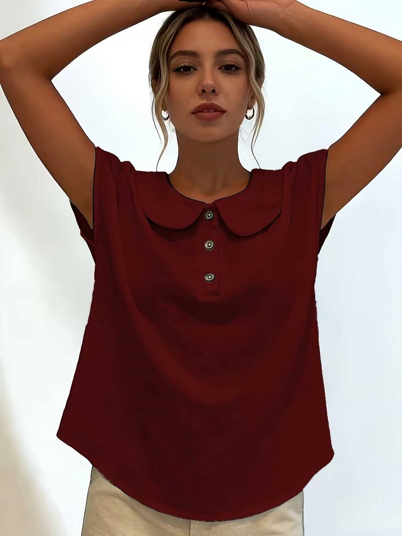 Women's Solid Color Short Sleeve Lapel Button-Up Top Shirt Casual Summer Beach Vacation - Seldom Seen Styles