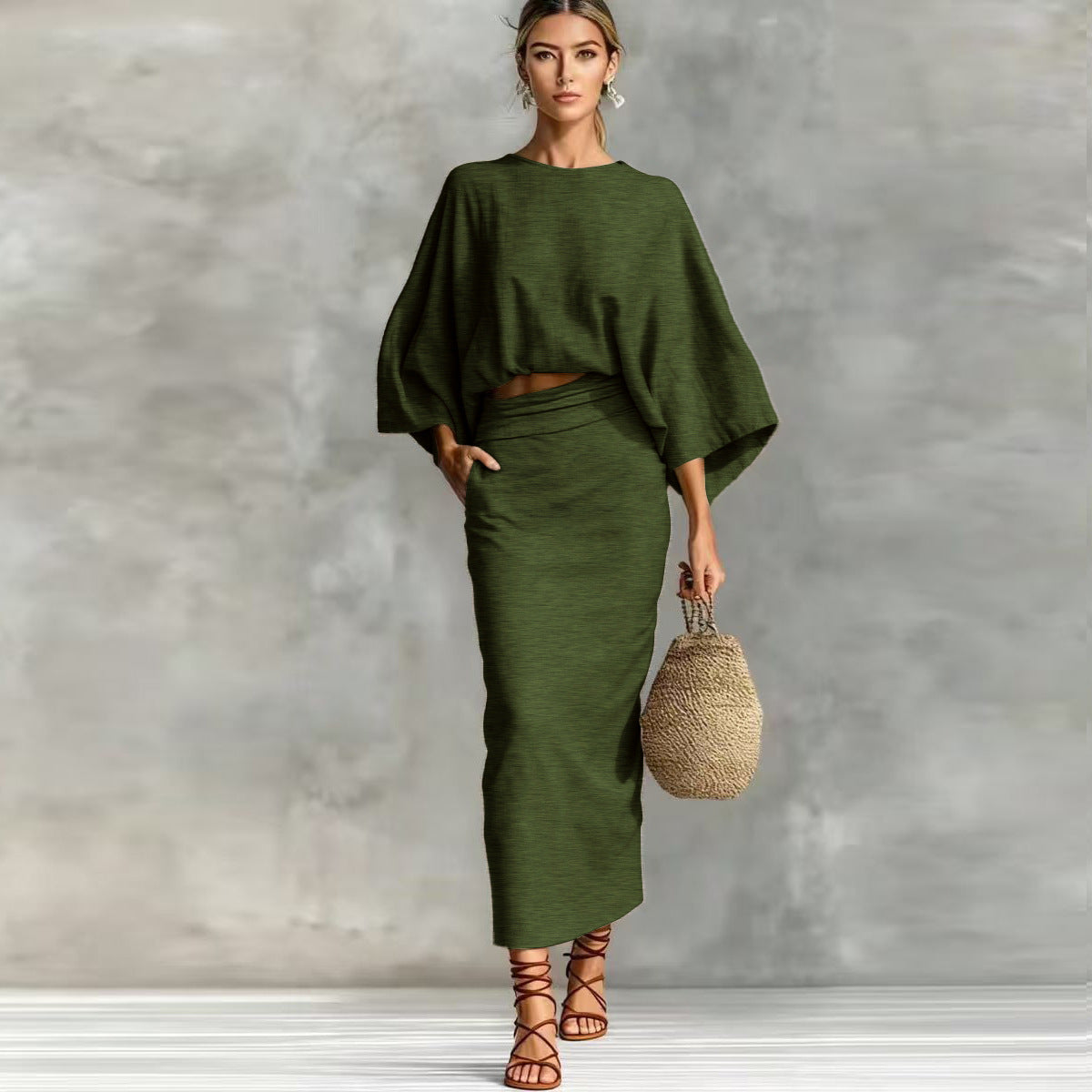 Women's Linen Blend Batwing Sleeve Top and Maxi Skirt Set Elegant Two Piece Matching Outfit