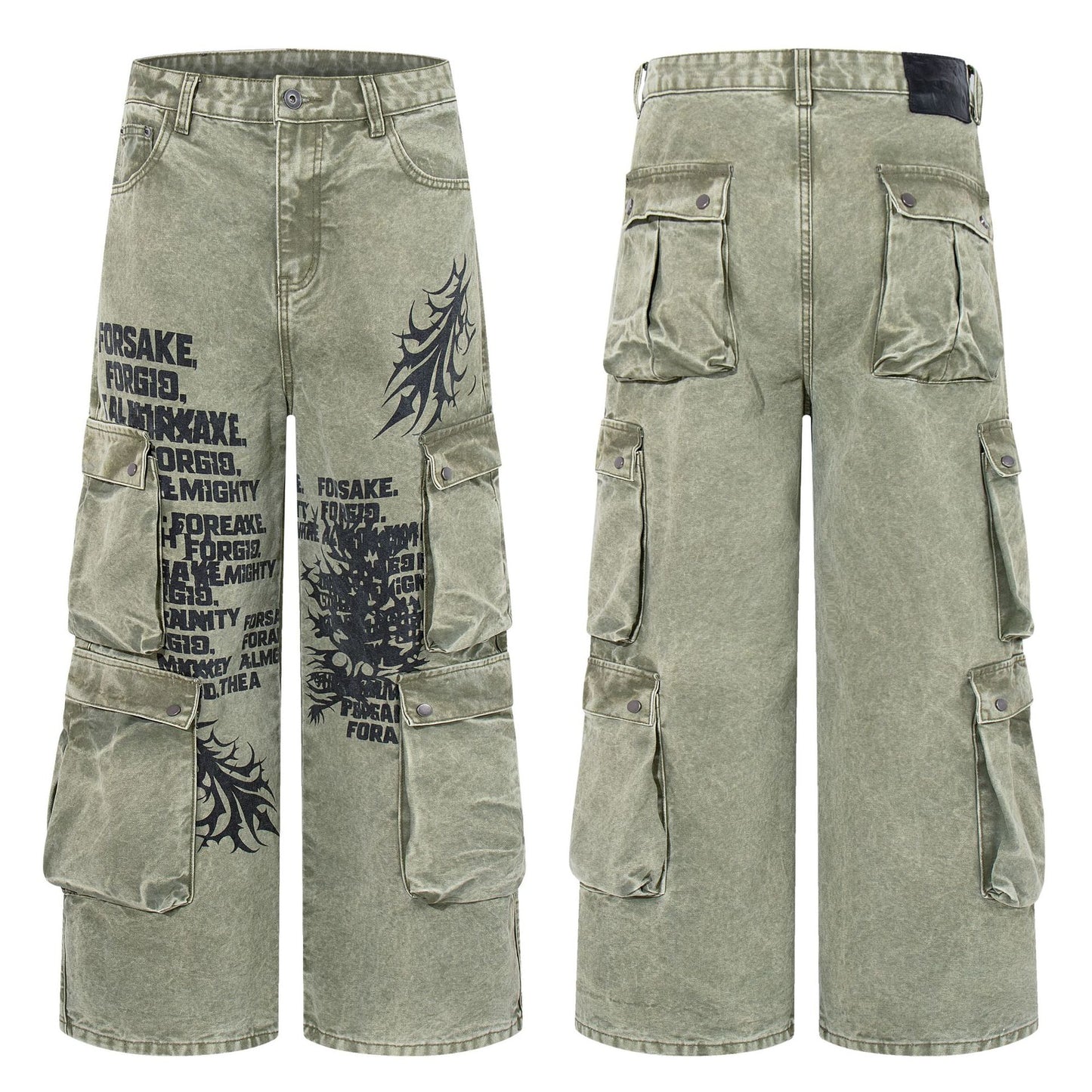 Multi-Pocket Distressed Digital Print Washed Heavyweight Jeans Vintage American Workwear Trendy Casual Denim Trousers | Pocket Print