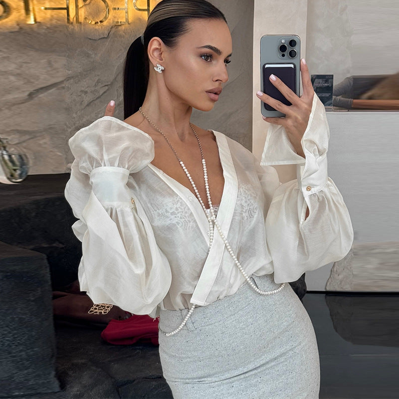 Women's summer new sweet and fresh loose lapel lantern sleeve long sleeve shirt women's top - Seldom Seen Styles