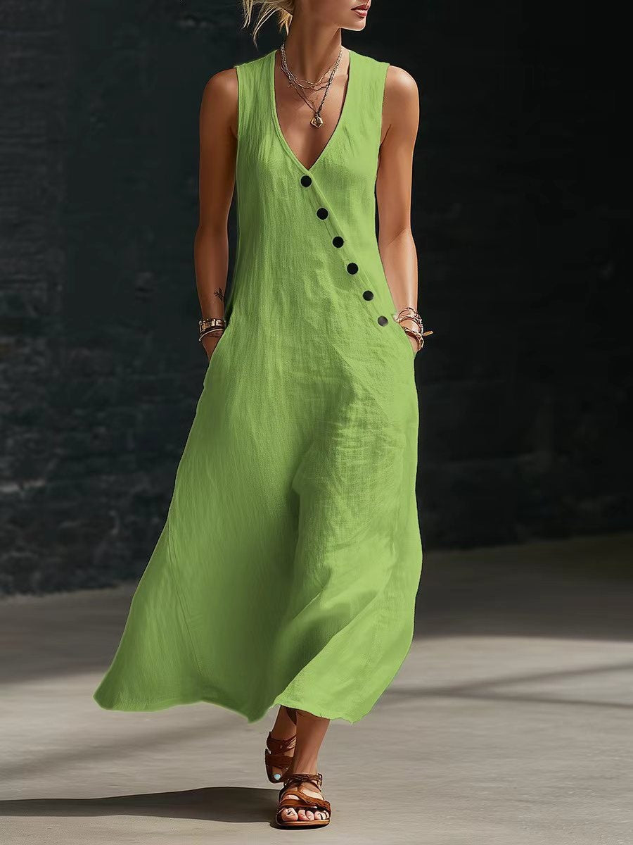 Women's V-Neck Cotton Linen Sleeveless Vest Maxi Dress Casual Summer Beach Vacation Boho Outfit - Seldom Seen Styles