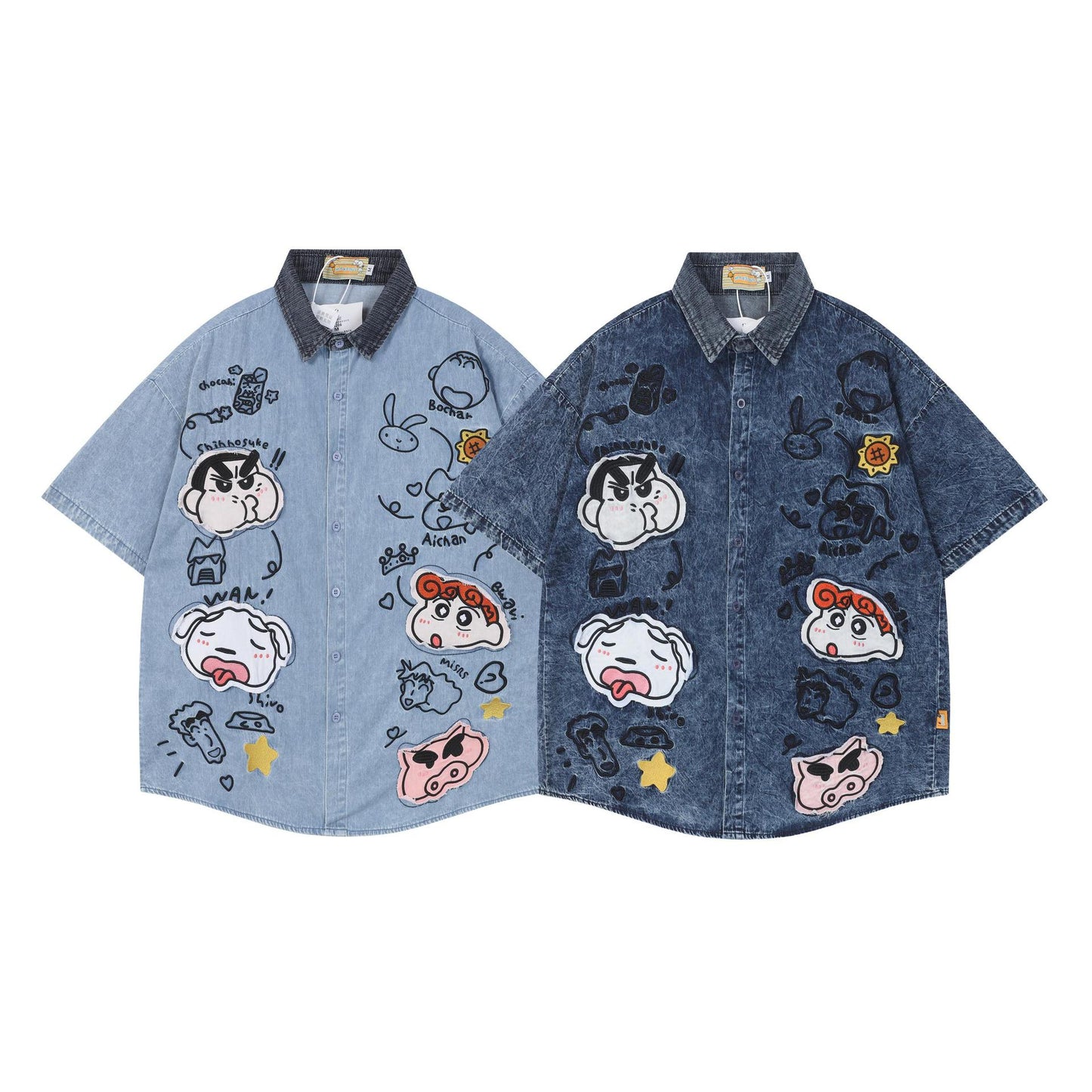 Crayon Sticker Embroidered Denim Shirt Loose Short Sleeve Casual Color Matching Couple Japanese Cute Streetwear Summer Top | Crayon Denim