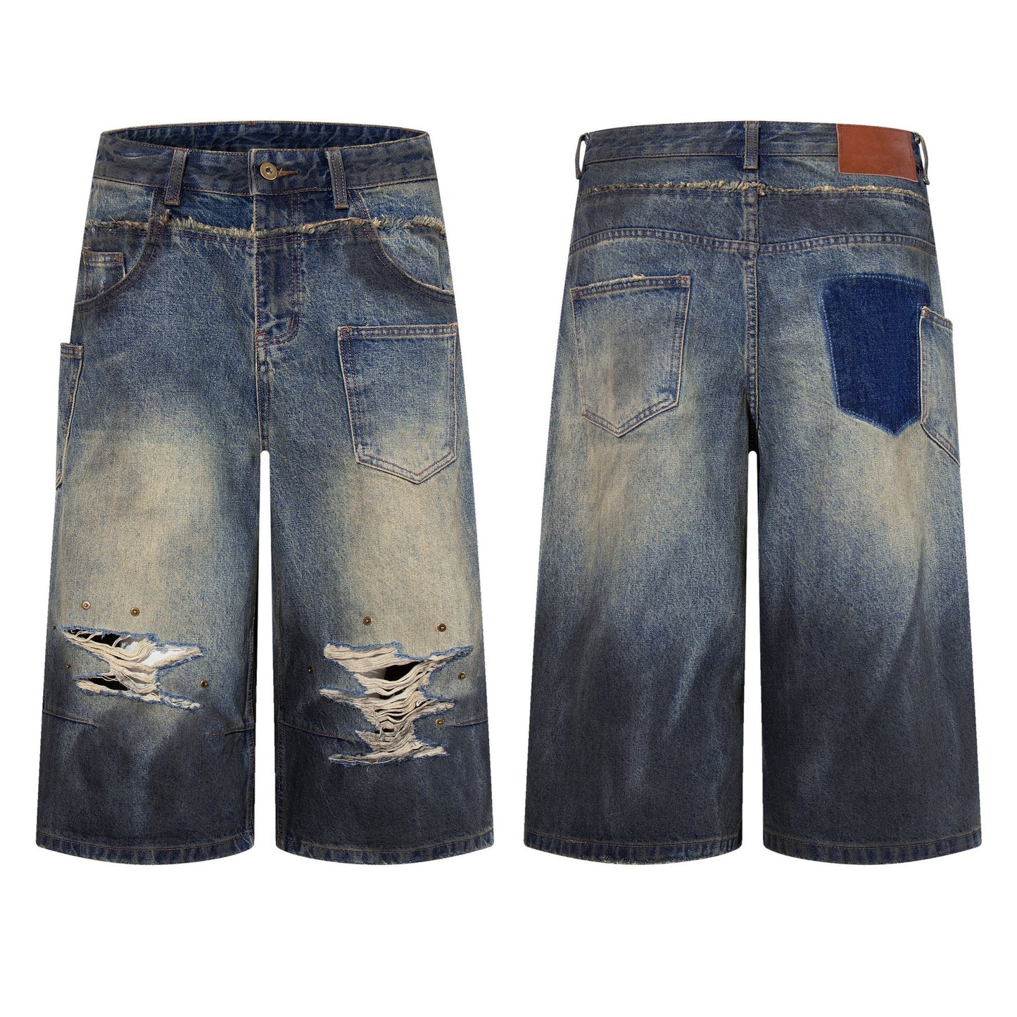 Street Hip-Hop Heavy Wash Ripped Denim Shorts Distressed Retro Cropped Jeans Casual Summer Streetwear Shorts | Grunge Denim