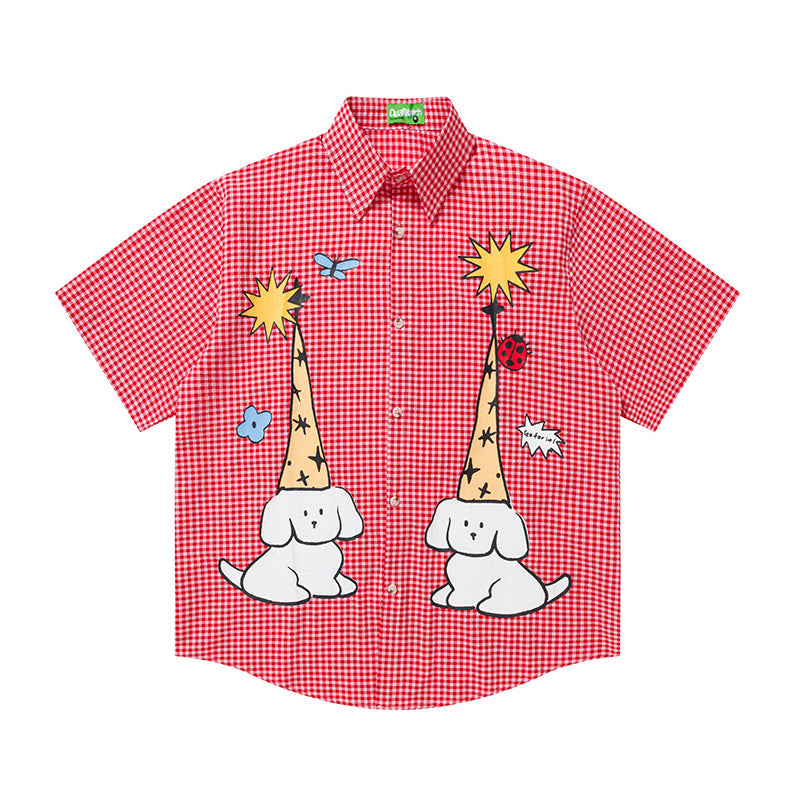 Graphic Dog Giraffe Print Plaid Shirt Short Sleeve Oversized Button Down Casual Summer Streetwear Shirt | Pup Plaid Shirt