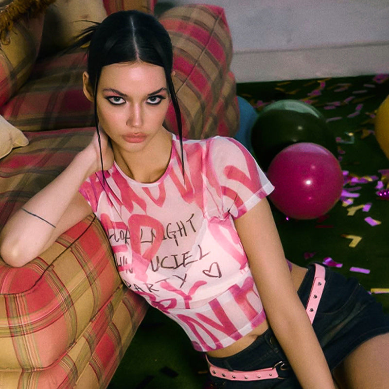 Round Neck Pullover Pink Letters Printed Mesh Transparent Top - Seldom Seen Styles