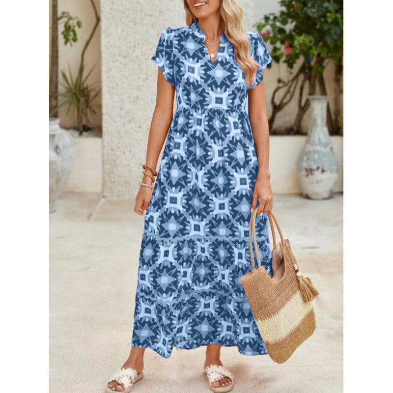 Women's Boho Print Maxi Dress V Neck Short Sleeve High Waist Summer Vacation Dress - Seldom Seen Styles