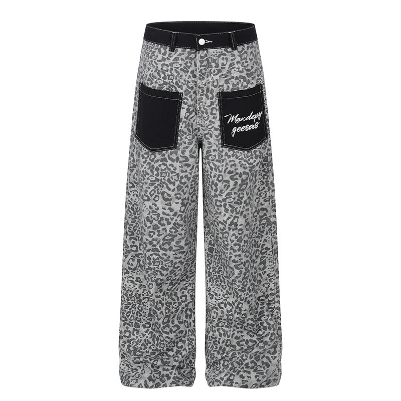 DARKAGE Leopard Print Wide-Leg Pants with Contrast Contrast Pockets