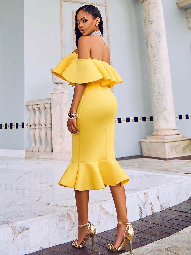 Off Shoulder Ruffle Bodycon Midi Dress - Seldom Seen Styles