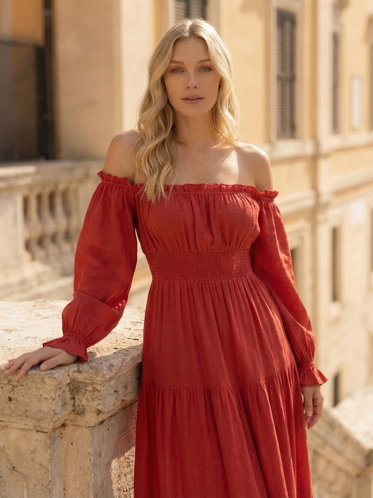 Off-Shoulder Smocked Waist Maxi Dress - Seldom Seen Styles