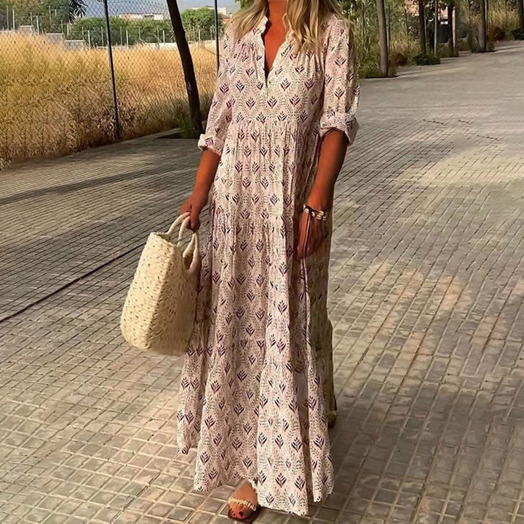 Women's V-Neck Boho Print Maxi Dress - Loose Fit Straight Cut Long Sleeve Cotton Gown - Seldom Seen Styles