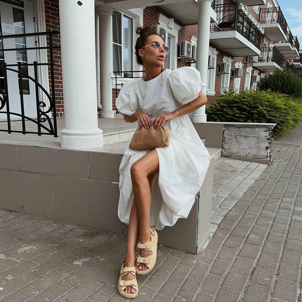 Pure cotton crew neck puff sleeve dress spring and summer new solid color loose casual dress for women - Seldom Seen Styles