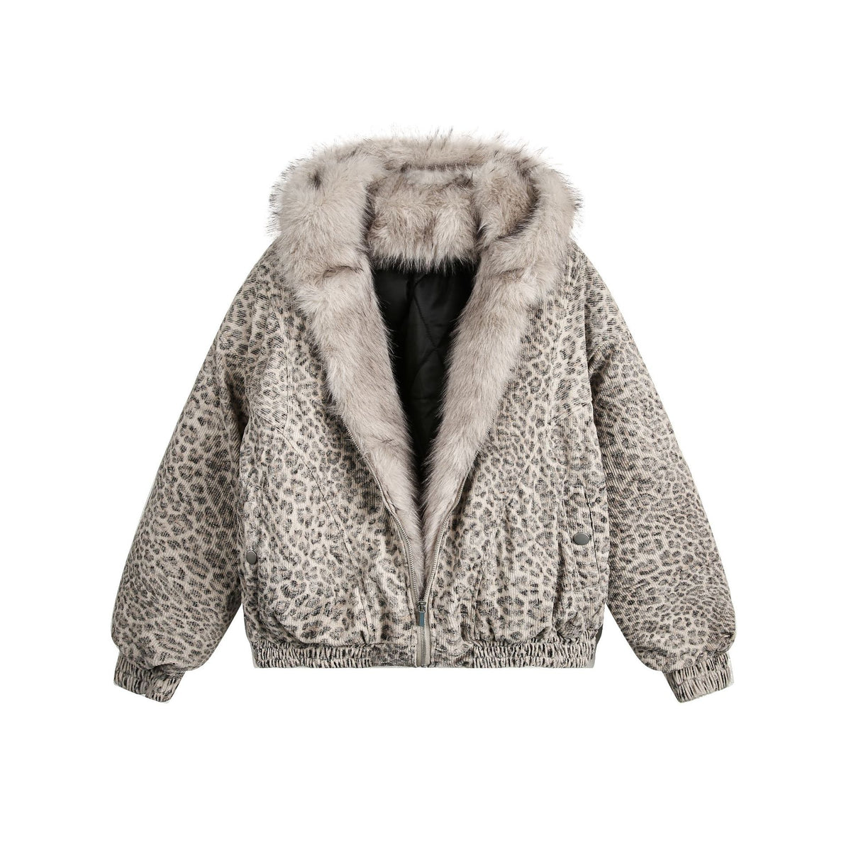 Retro Leopard Fur Collar Padded Bomber Jacket - Seldom Seen Styles