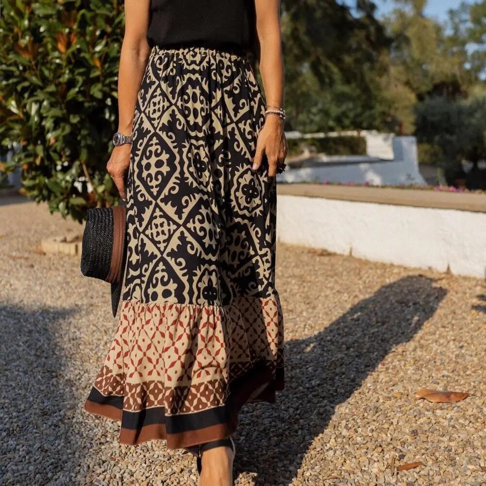 Seville | Women's Boho Maxi Skirt High Waist Floral Print Ruffle - Seldom Seen Styles