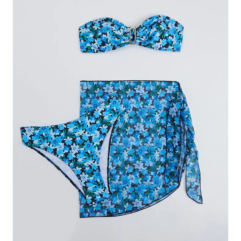 Cyflymder Printing Split Bikini Set Women Swimsuit Metal U-shaped Decoration Bandage G-string Bikini Cover Ups Sexy 3 Piece Sets Beachwear - Seldom Seen Styles