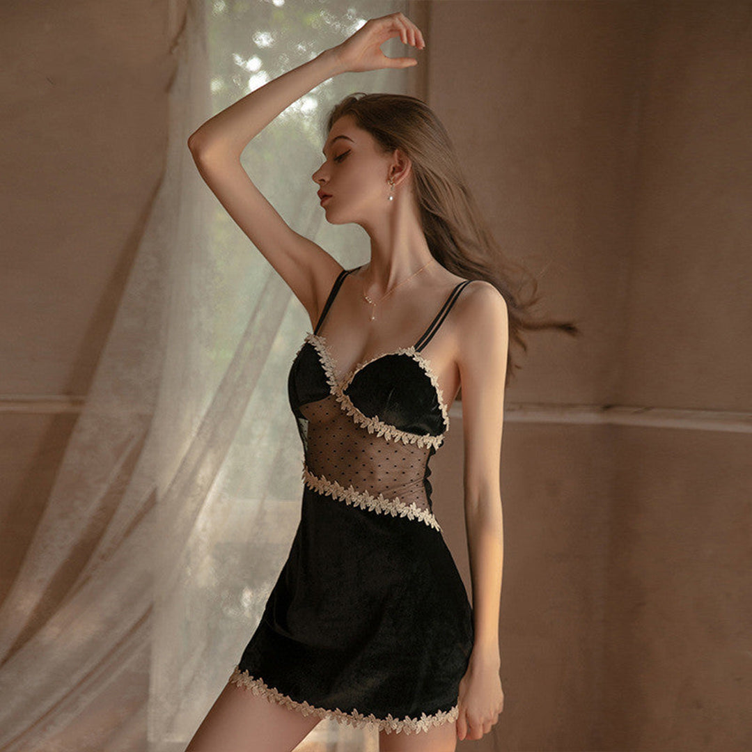 Sajiero Velvet Embroidered Babydoll Short Lingerie - Seldom Seen Styles