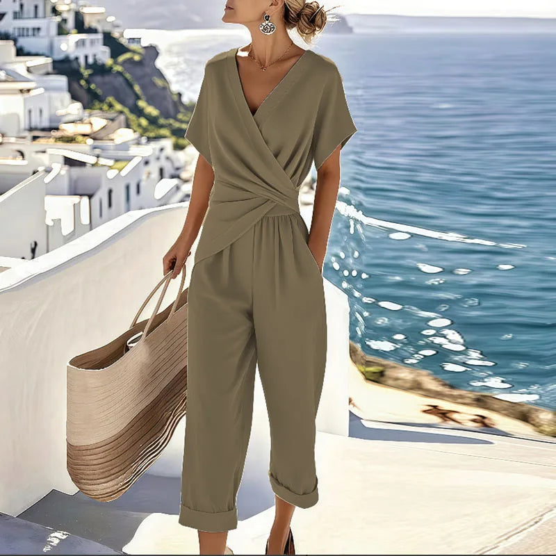 Women's Summer One Piece Jumpsuits Belted Short Sleeve Wrap V Neck Fashion Dressy Casual Wide Leg Pants Romper - Seldom Seen Styles