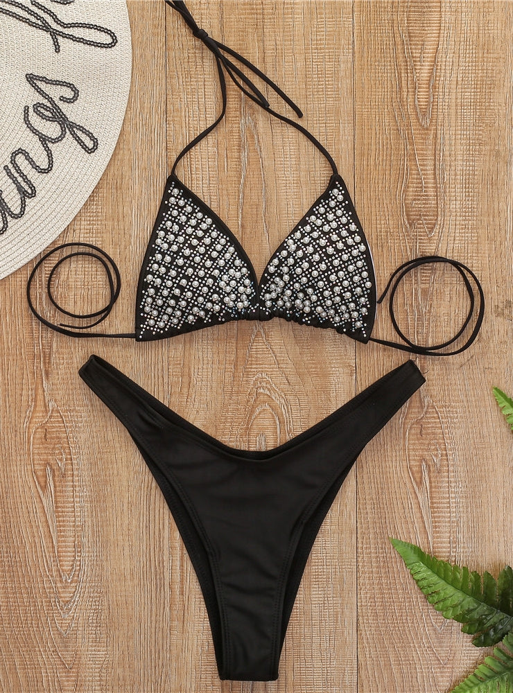 Solid Color Diamond Beaded Bikini - Seldom Seen Styles