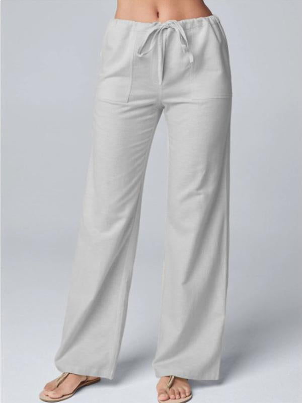 Solid color loose lace-up cotton hemp straight leg casual pants - Seldom Seen Styles