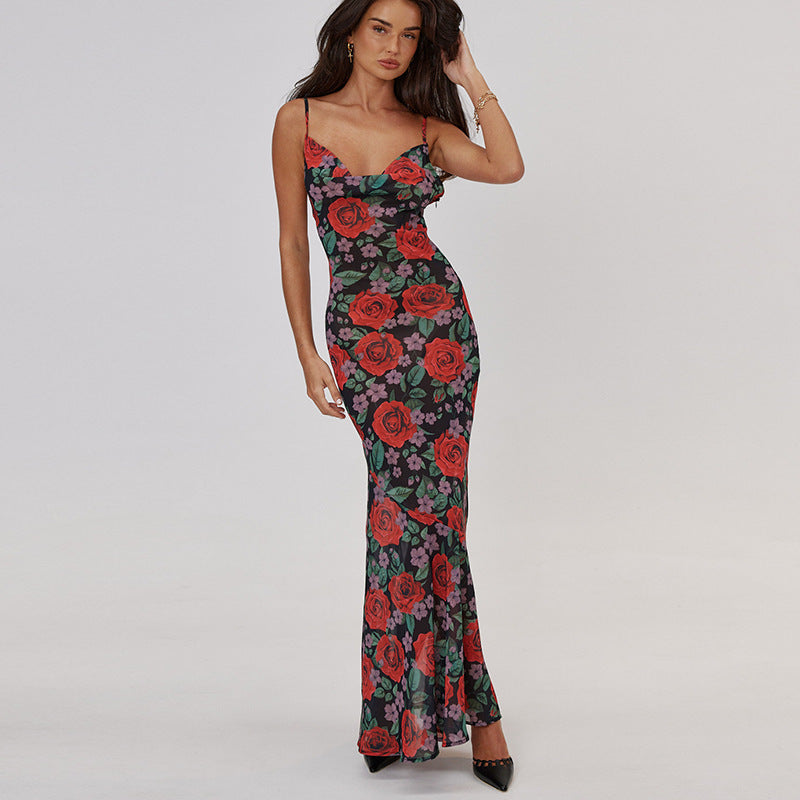 Summer ins style fashion new sexy V-neck temperament versatile slim long printed suspender dress women - Seldom Seen Styles