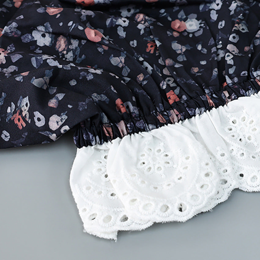 Summer new French lace splicing small floral high waist dress women's design sense fashion temperament commute - Seldom Seen Styles