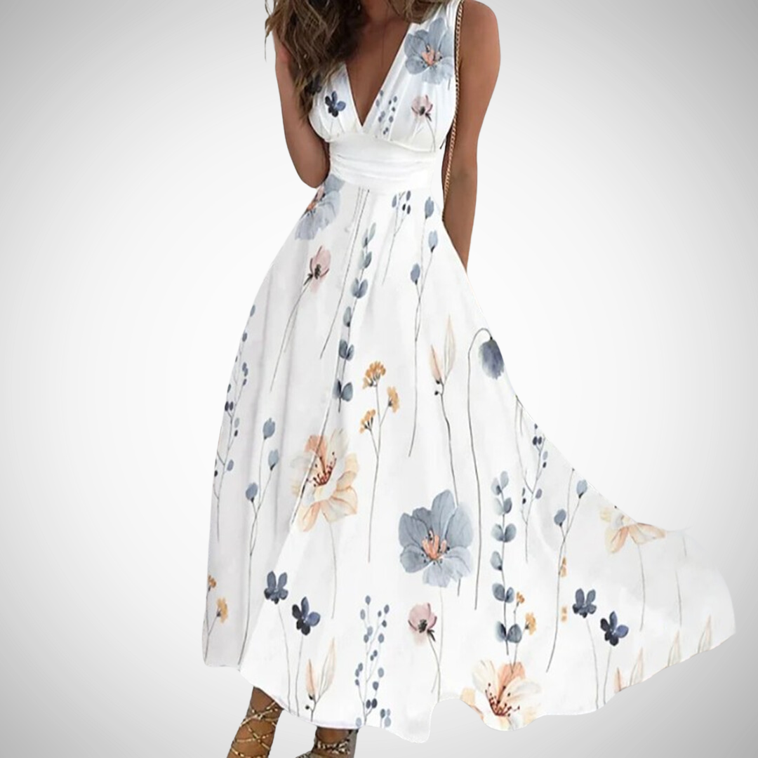 Flora | Women's Floral Maxi Dress Sleeveless V-Neck Wrap Waist - Seldom Seen Styles