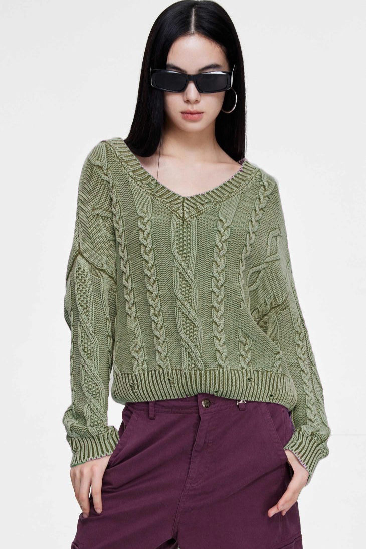 V-Neck Cable Womens Sweaters Spring 2025 Cable Knit Long Sleeve Sweater Chunky Pullover Loose Outfits - Seldom Seen Styles