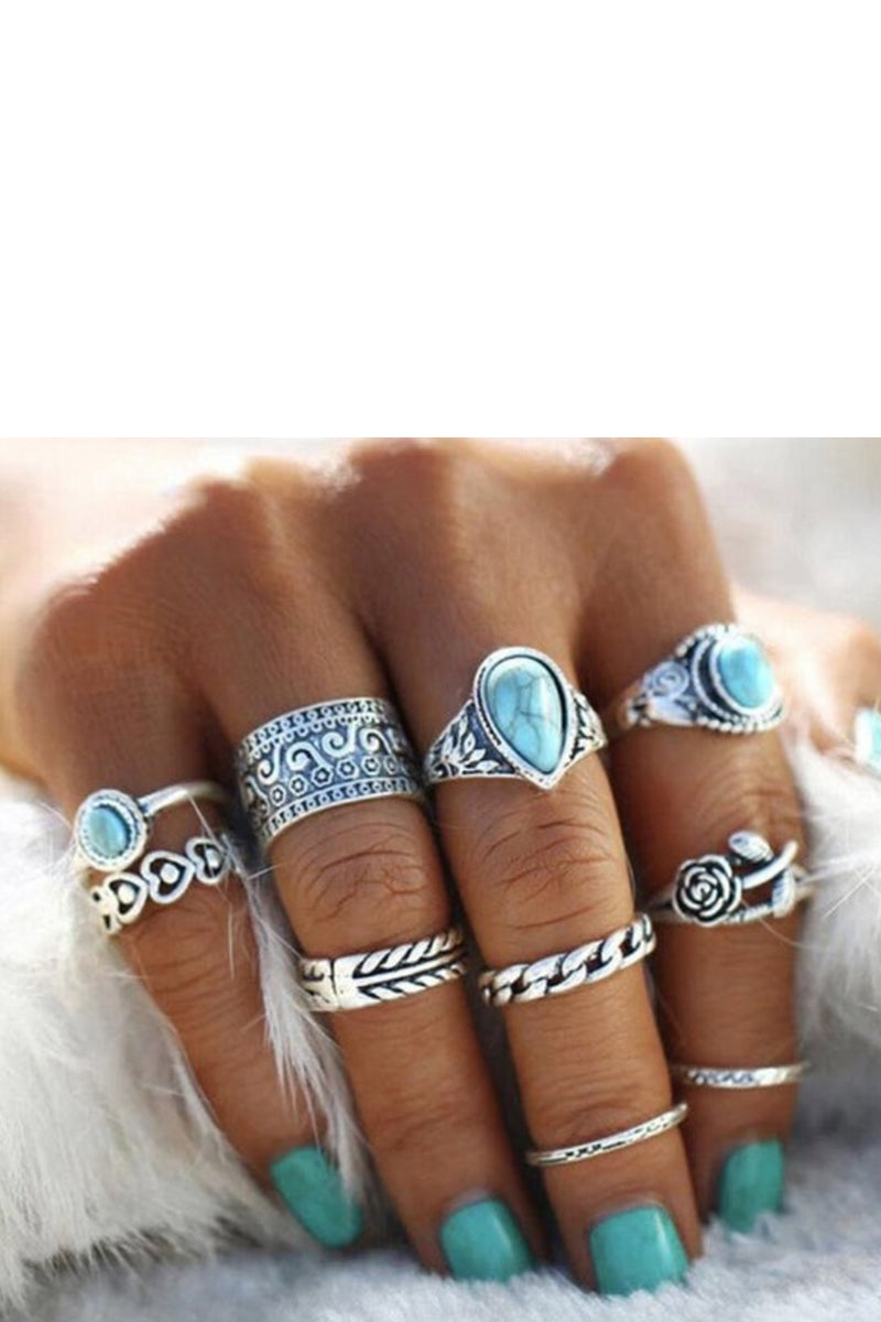 Vintage Totem Flower Turquoise 10-piece Joint Combination Ring - Seldom Seen Styles