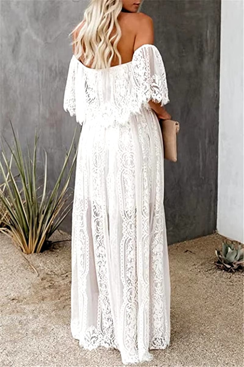 White Boho Off Shoulder Lace Maxi Dress - Seldom Seen Styles