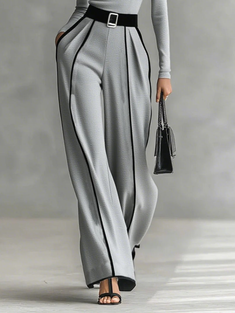 White Trim High-neck Long-sleeved Top With Wide-leg Pants and Belt Set - Seldom Seen Styles