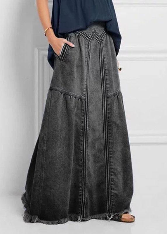 Women Distressed Solid Color Elastic Waist Loose Denim Skirt With Pocket - Seldom Seen Styles