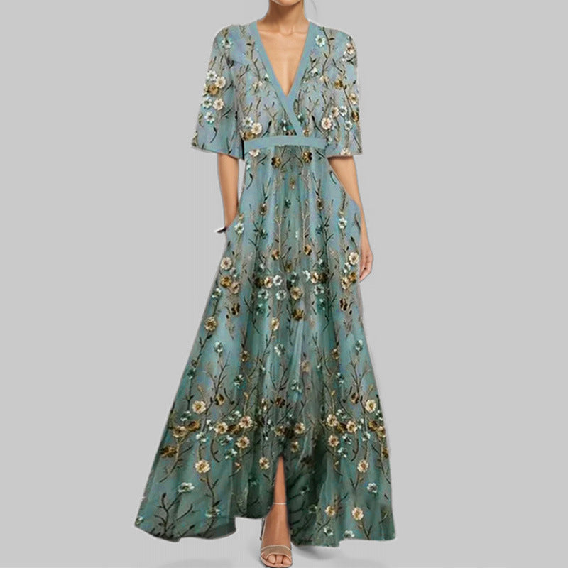 Women's Abstract Print Maxi Dress V Neck Slim Waist Elegant Long Dress - Seldom Seen Styles