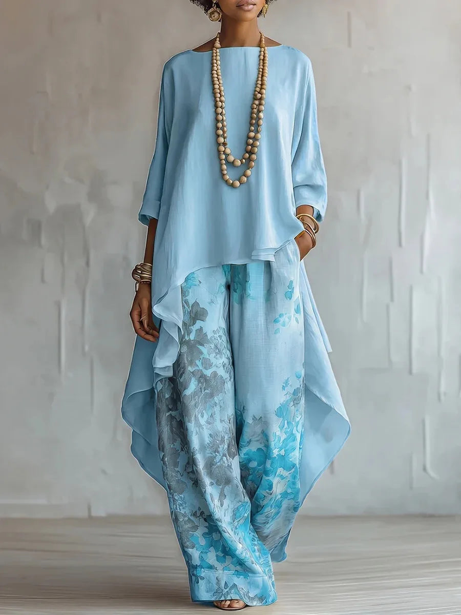 Women's Artistic Floral Two-Piece Set with Top and Wide-Leg Pants - Seldom Seen Styles