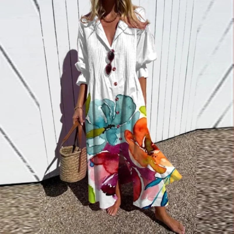 Women's Bohemian Floral Midi Dress Flowy Casual Summer Beach Vacation Boho Dress - Seldom Seen Styles