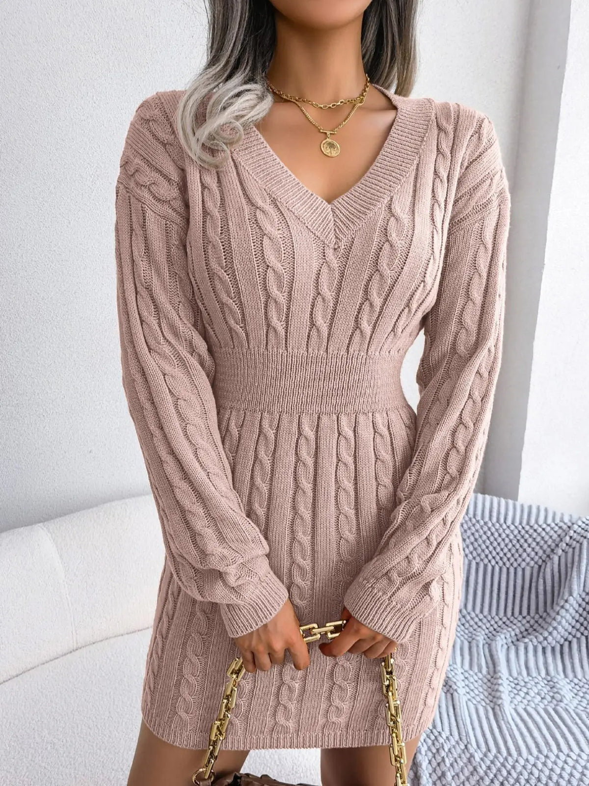 Women's Cable Knit Fitted Sweater Dress With V Neck, Casual Drop Shoulder Style for Fall & Winter Fashion - Seldom Seen Styles