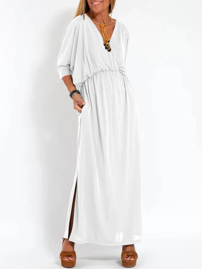 Women's Casual Solid Color V Neck Slit Dress - Seldom Seen Styles