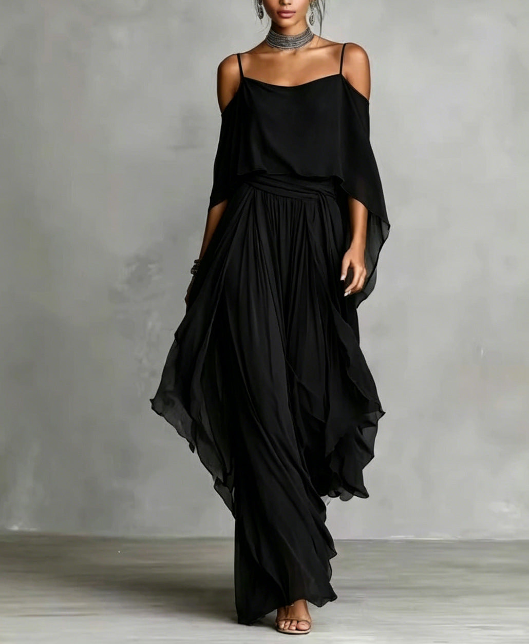 Women's Chiffon Two Piece Set Off Shoulder Cape Top and Wide Leg Pants Elegant Evening Outfit Formal Occasion Set - Seldom Seen Styles