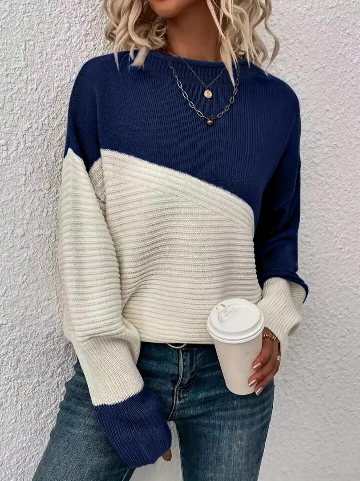 Women's Colorblock Drop Shoulder Sweater, Casual Long Sleeve Round Neck Jumper, Ladies' Knitwear for Everyday Wear, Sweaters for Women, Womenswear - Seldom Seen Styles