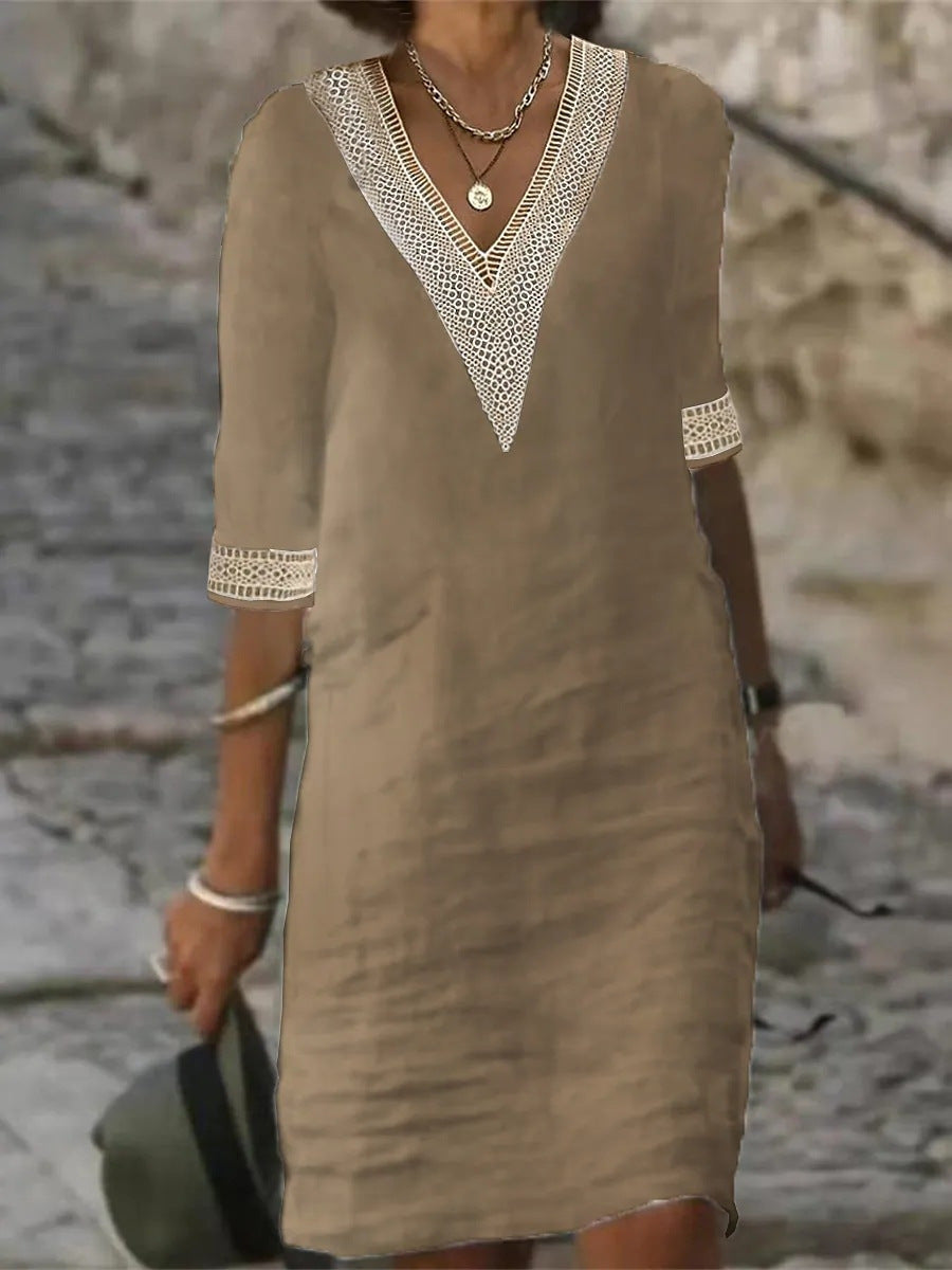 Women's Cotton Linen Dress V-Neck Lace Trim Relaxed Fit 3/4 Sleeve Summer Casual Dress - Seldom Seen Styles